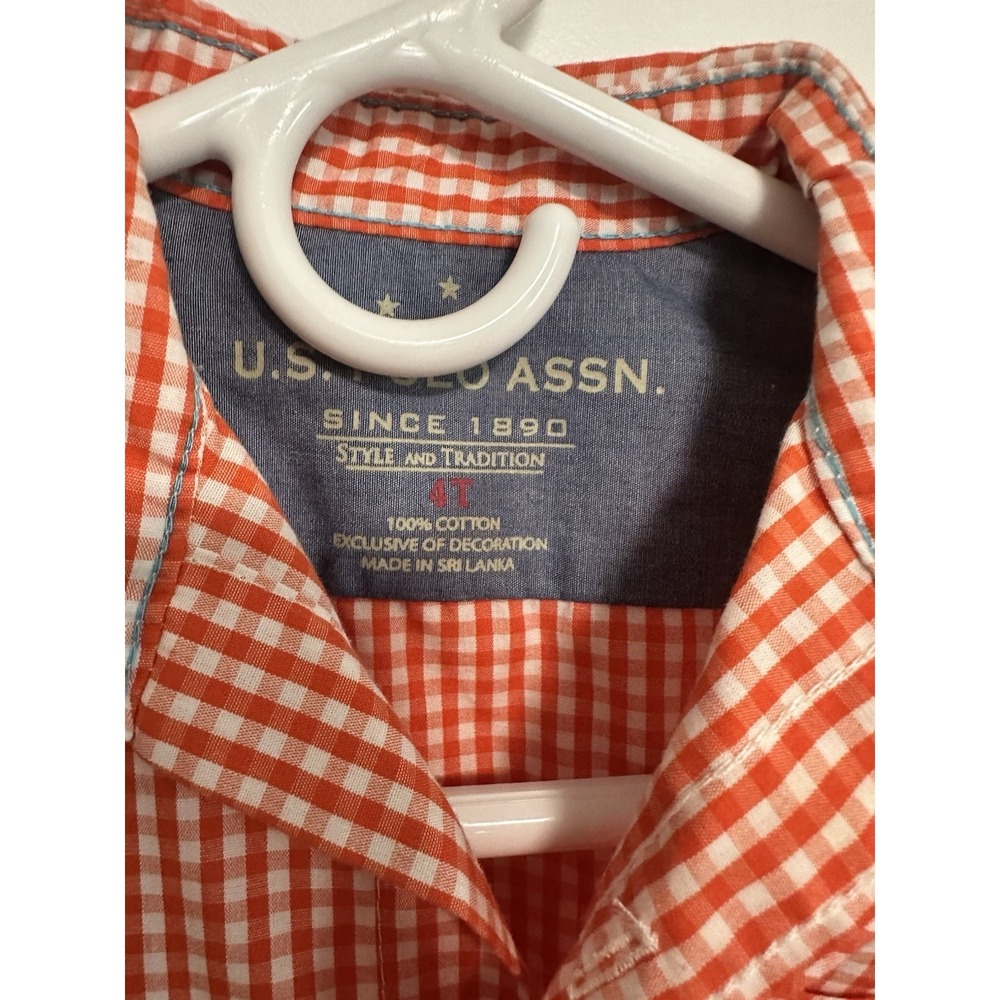 TODDLER BOYS US POLO ASSN ORANGE AND WHITE CHECKERED DRESS SHIRT SIZE 4T - Picture 2 of 3